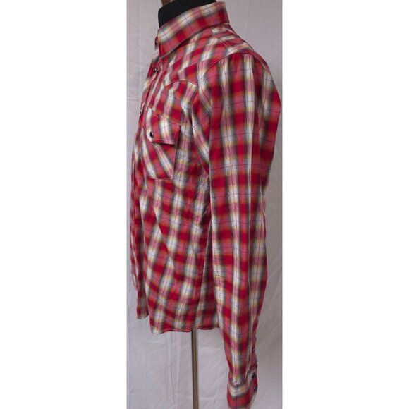 Cowboy Hardware Mens Medium Red Plaid Embroidered Steer Skull Pearl Snap Shirt - Picture 6 of 12